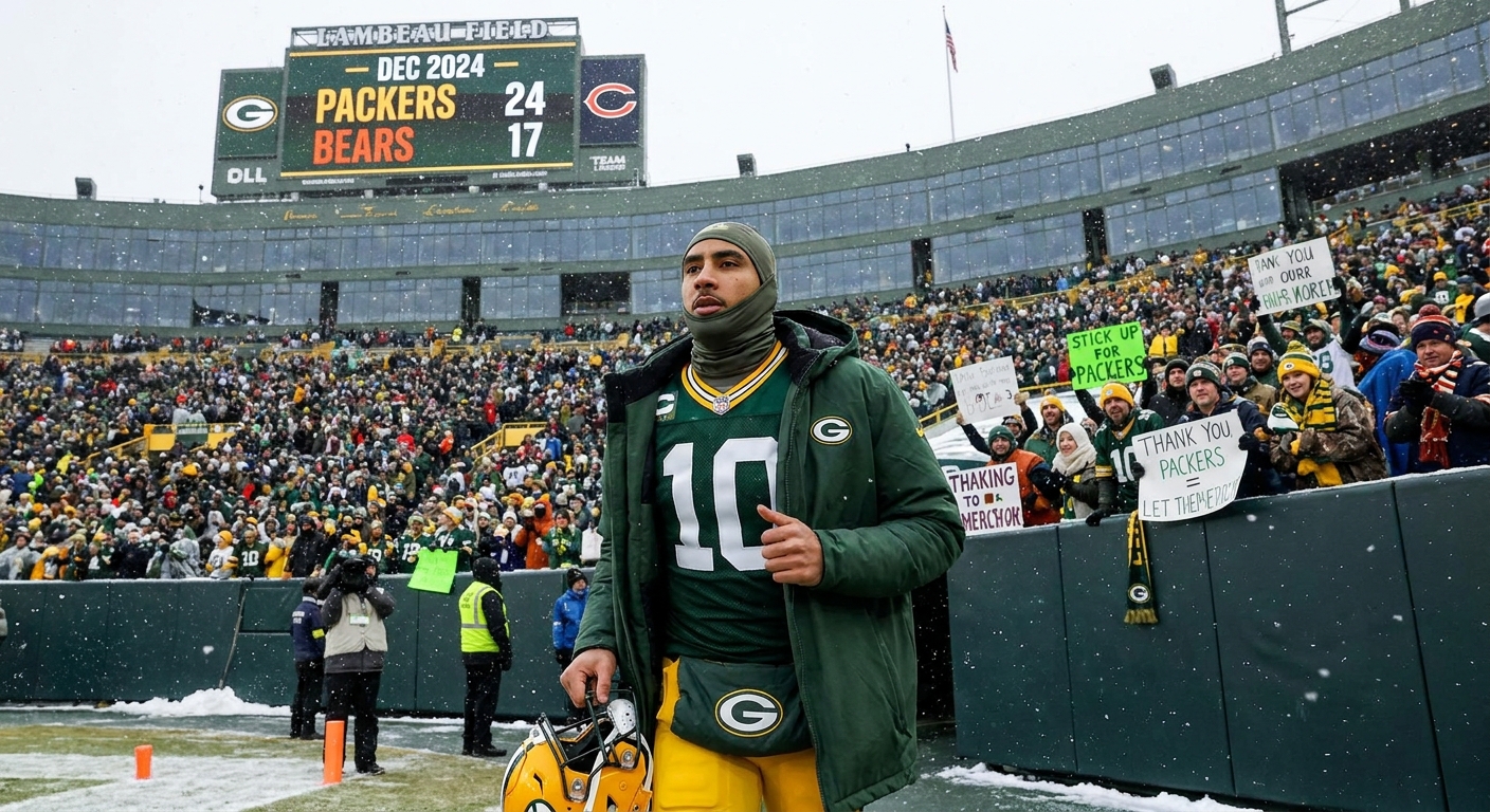 A Green Bay Packers player jogging off the field during a 2024 game at Lambeau Field, with the stadium seats and winter gear in the crowd visible