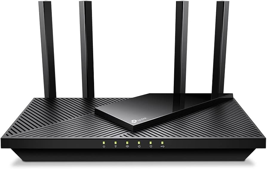 A WiFi router on a shelf in a living room with a television in the background playing a sports broadcast