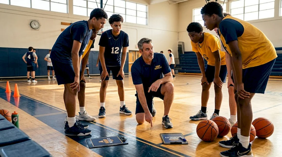 A basketball player in a gym practicing a hard deceleration into a low athletic stance, hips back and knees bent, with a coach watching