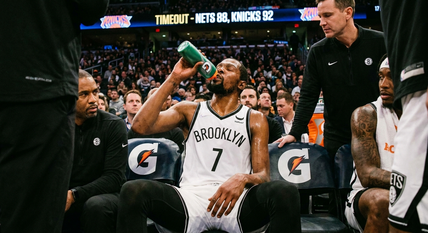 A basketball player on the bench during a timeout drinking from a sports bottle while wearing game uniform