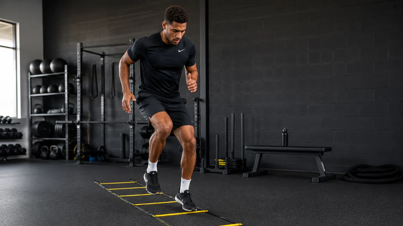 A basketball player performing a sprint and change-of-direction drill on an indoor court during team training