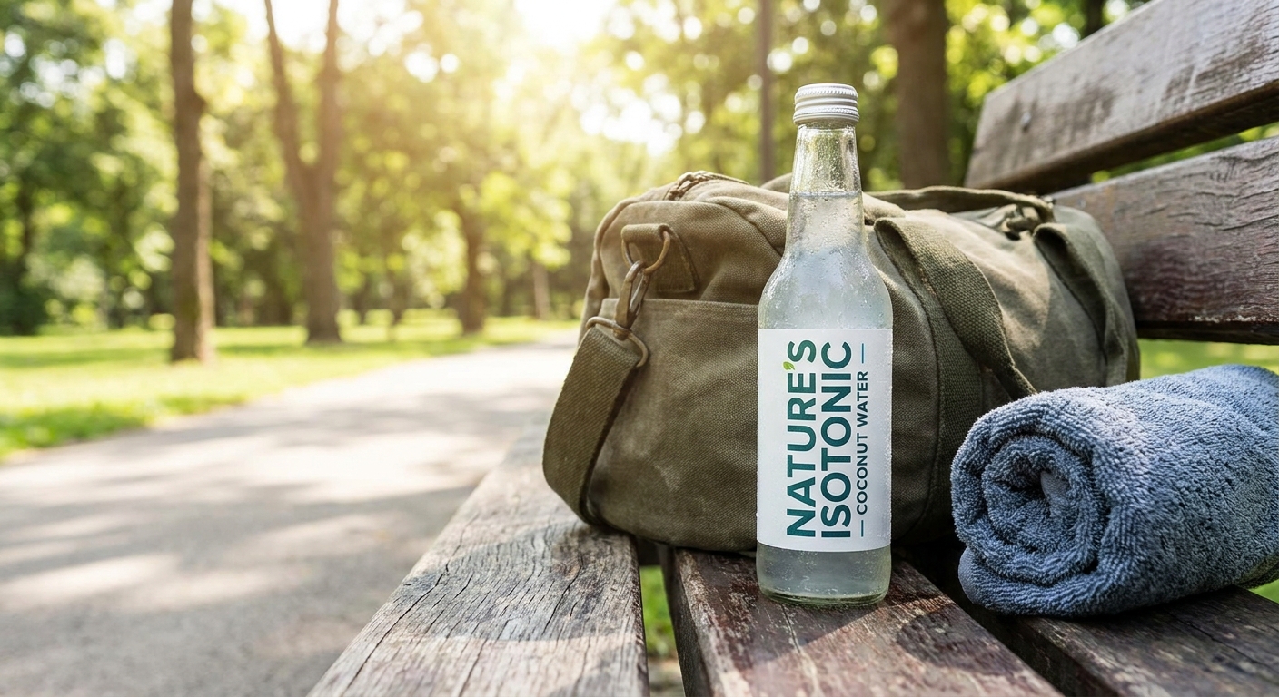 A bottle of coconut water sitting next to a gym bag and a rolled-up towel on a wooden bench