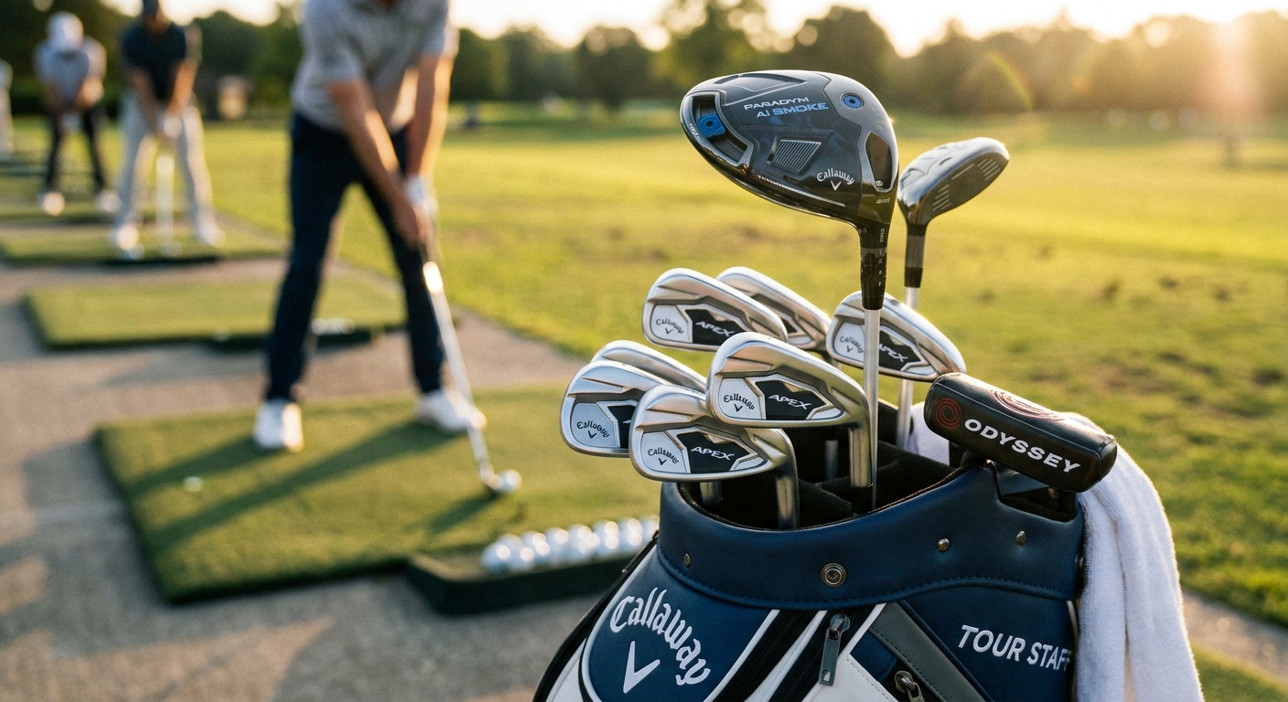 A close-up photograph of Callaway golf clubs and a driver resting in a tour bag on a driving range, with golfers blurred in the background