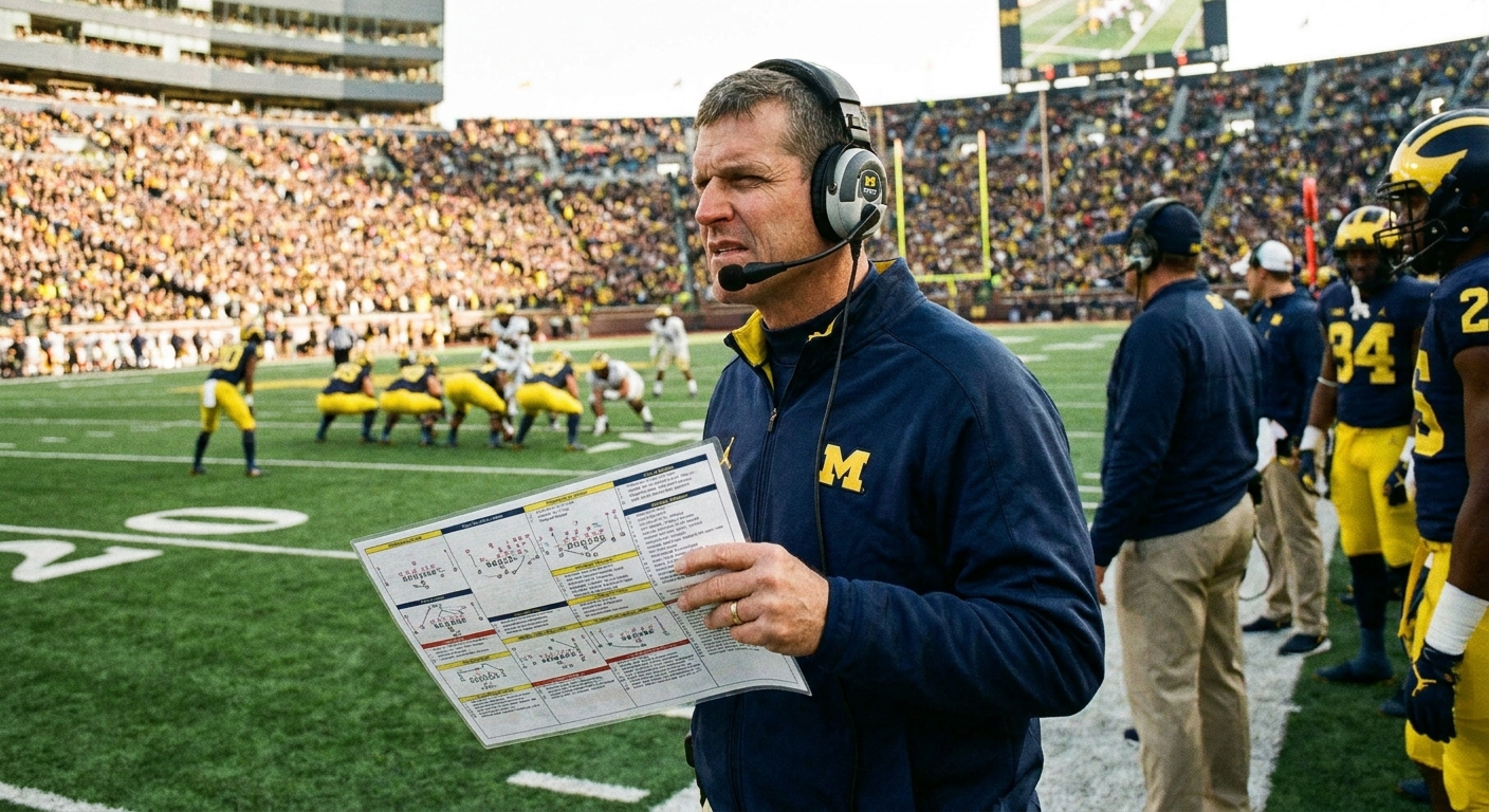 A college football coach on the sideline holds a laminated play sheet while watching the offense line up