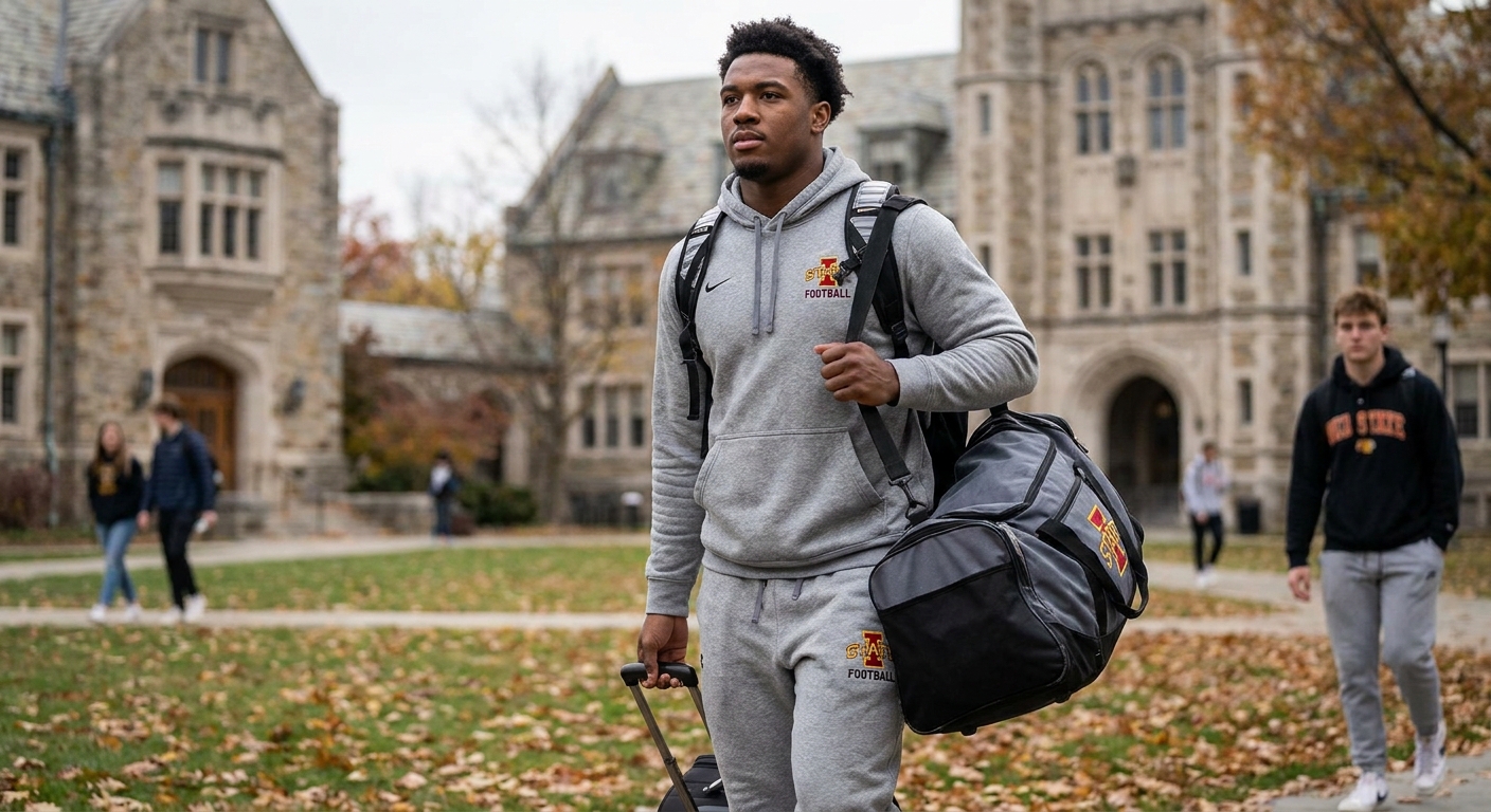 A college football player wearing team-issued gear walks across campus carrying a duffel bag, suggesting a transfer decision and a new start at another program