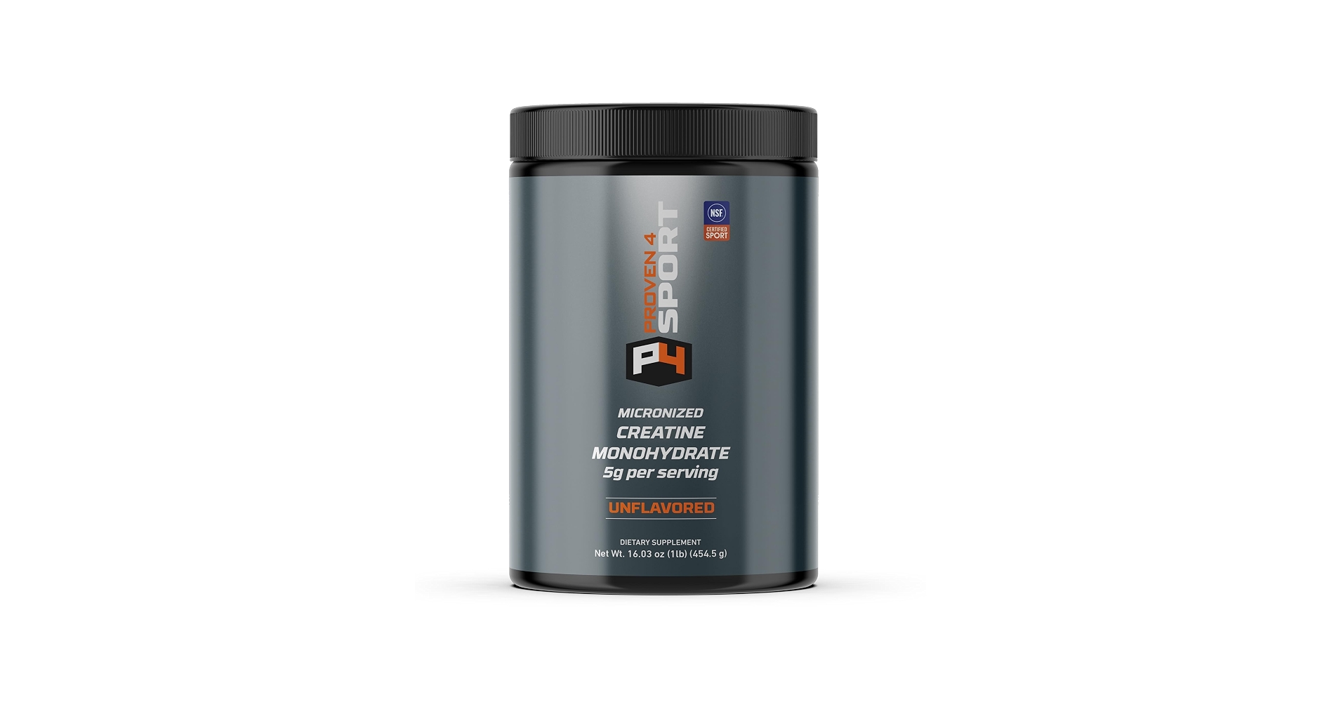 A creatine supplement container on a kitchen counter with a visible third-party certification mark on the label
