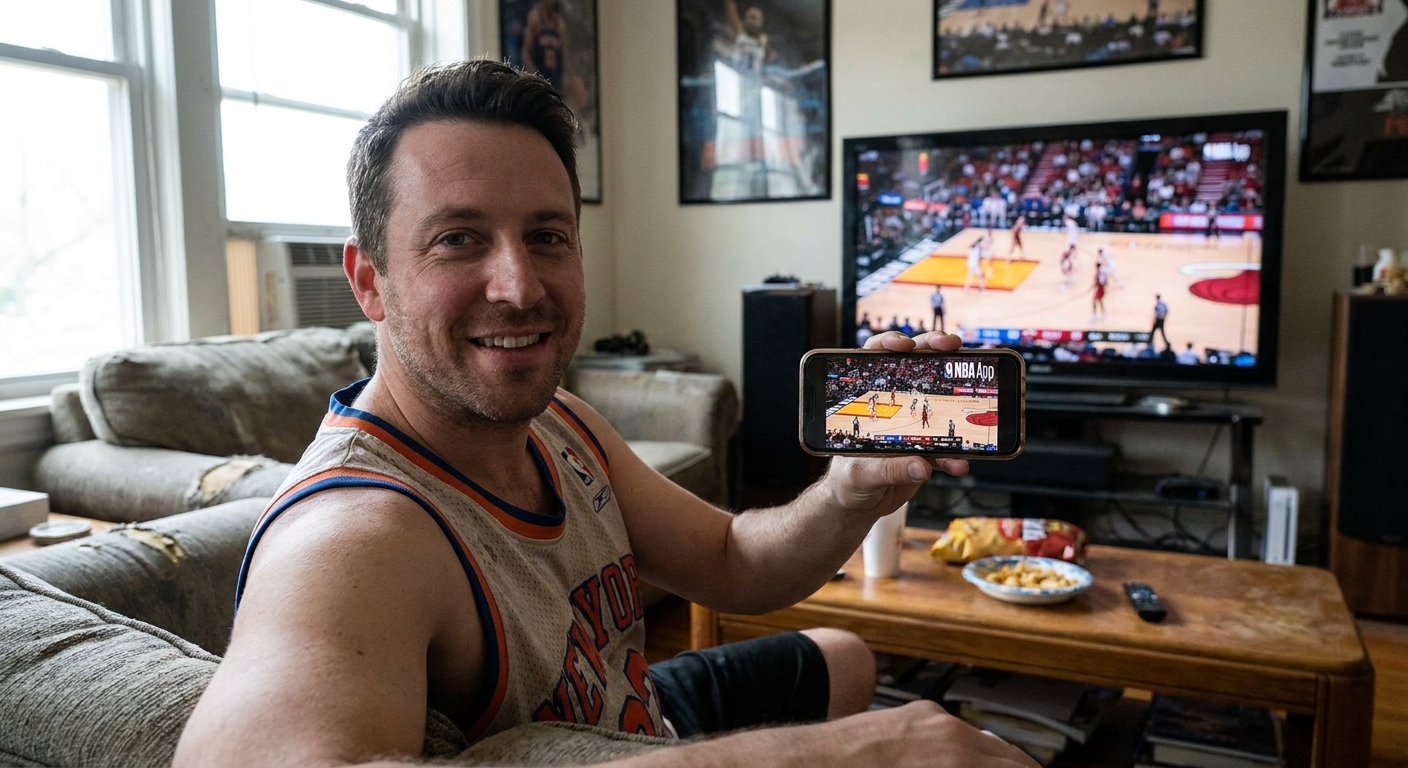 A fan holding a smartphone showing a basketball game streaming on a league app while sitting in a living room