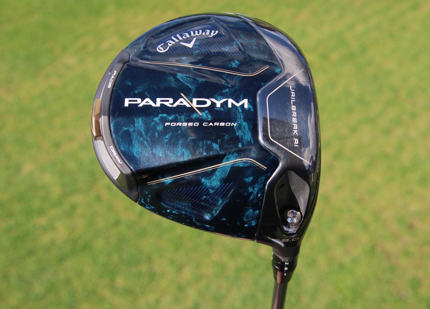 A golfer addresses a teed ball while holding a Callaway Paradym driver on a tee box.