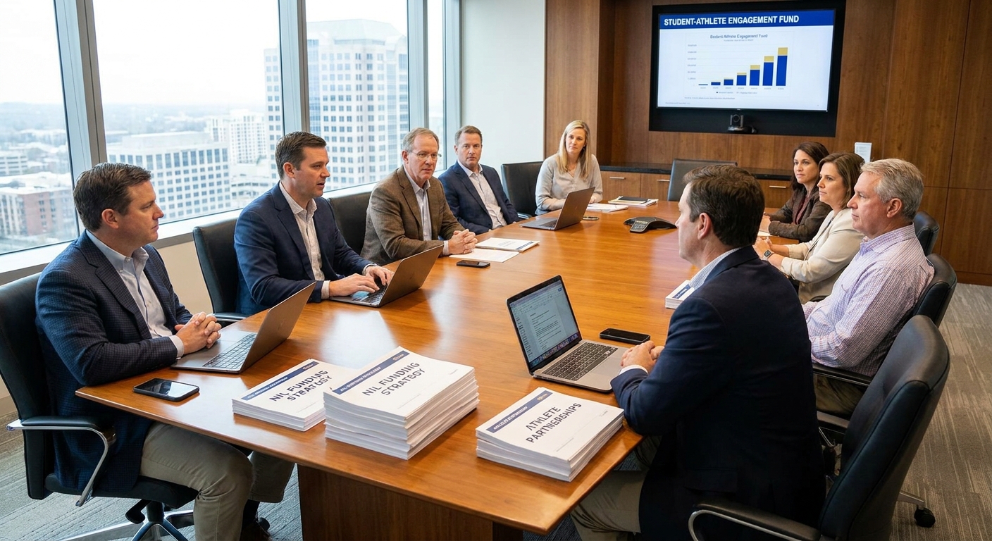 A group of adult donors and organizers sit around a conference table with laptops and paperwork, suggesting a formal meeting about funding athlete NIL opportunities