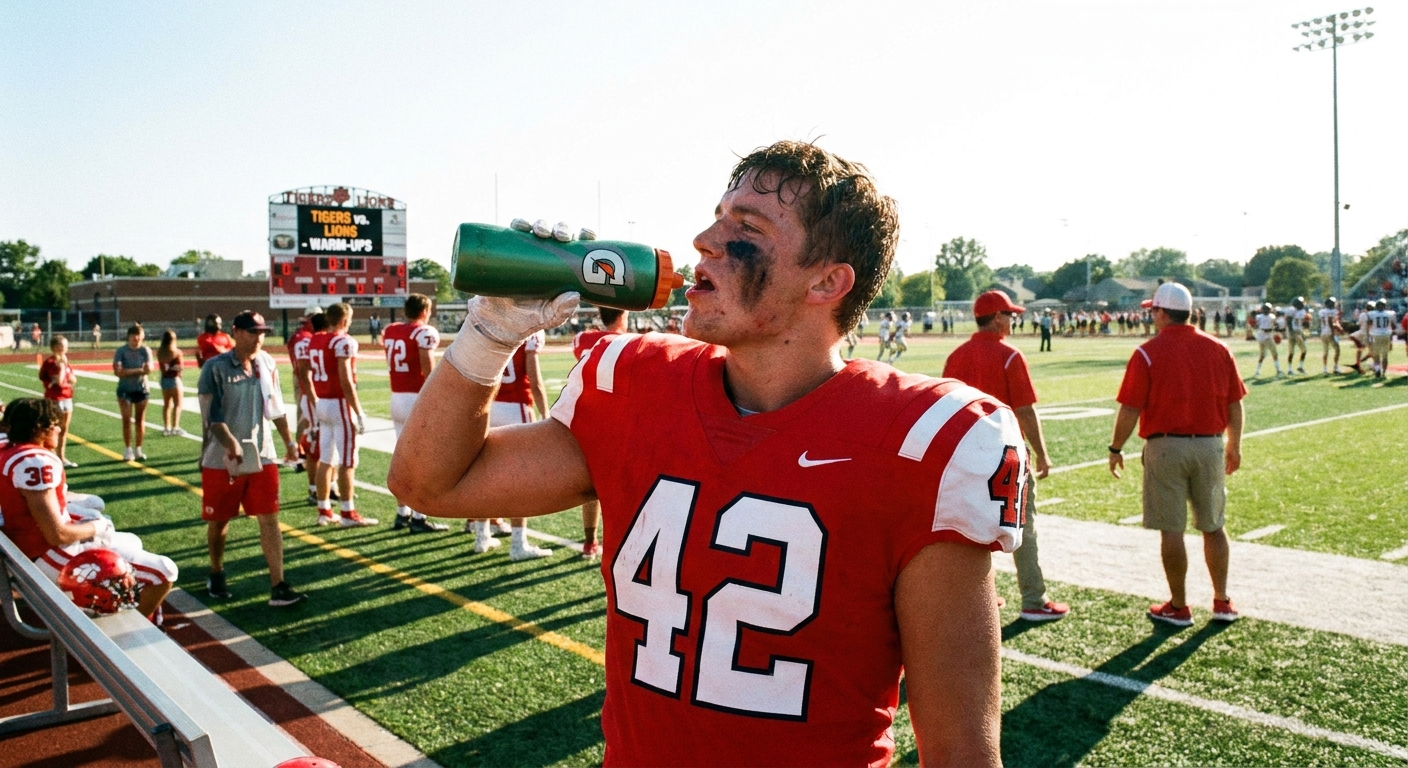A high school football player drinking from a water bottle on the sideline during warm-ups on a sunny day