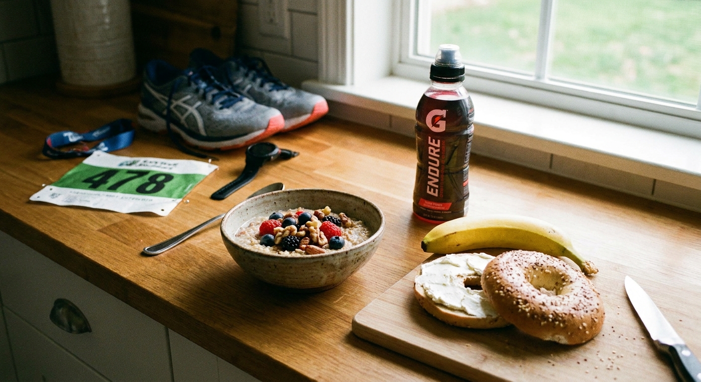 A kitchen counter with a bowl of oatmeal, a banana, a sliced bagel, and a bottle of sports drink set up for a pre-event meal