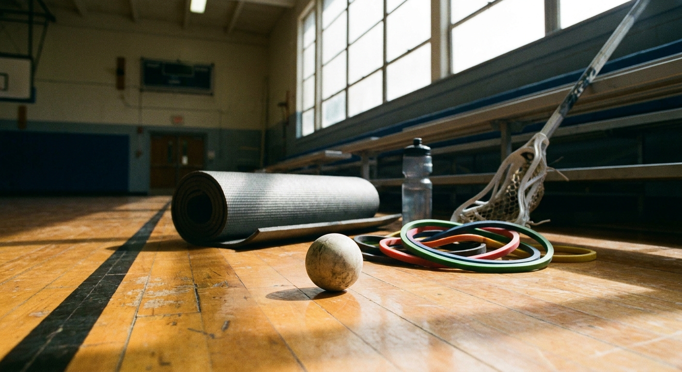 A lacrosse ball on a gym floor next to a stretching mat and resistance bands, ready for trigger point work