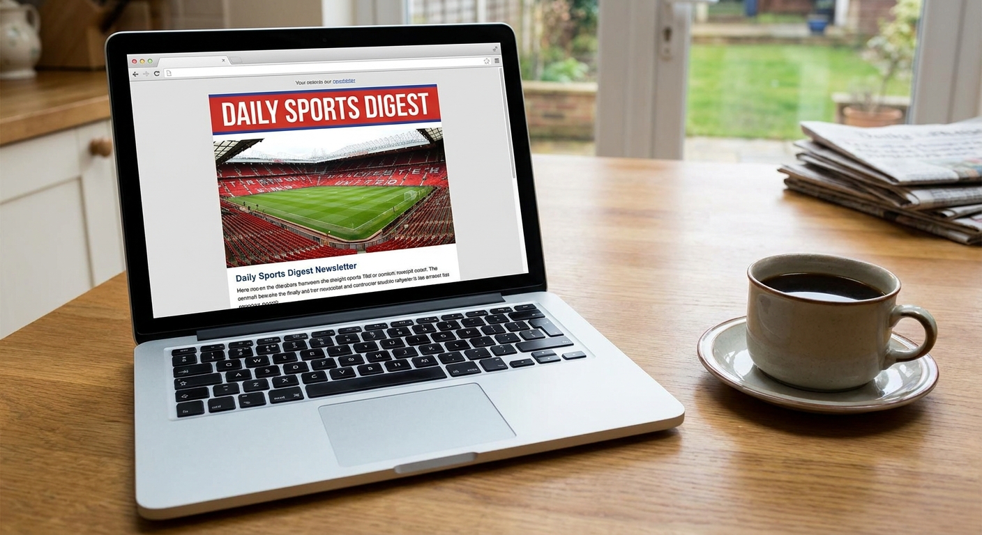 A laptop on a kitchen table showing a sports email newsletter next to a cup of coffee