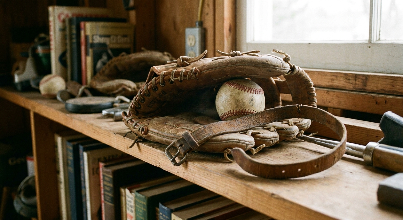 A leather baseball glove stored on a shelf with a baseball seated in the pocket and a loose strap around the glove