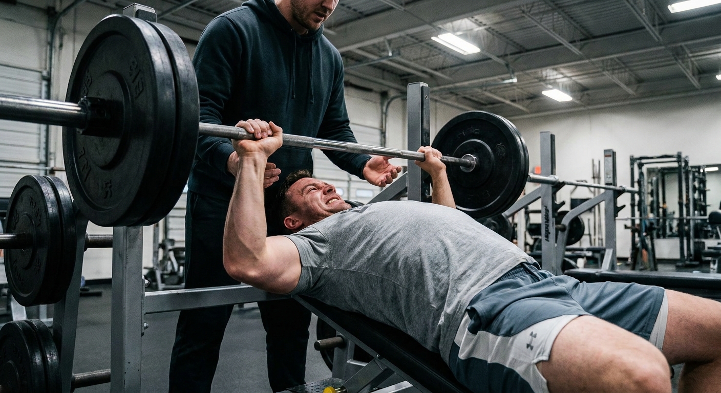 A lifter performing a barbell bench press on a flat bench with a spotter behind, captured from a front-side angle that clearly shows shoulder position and elbow angle