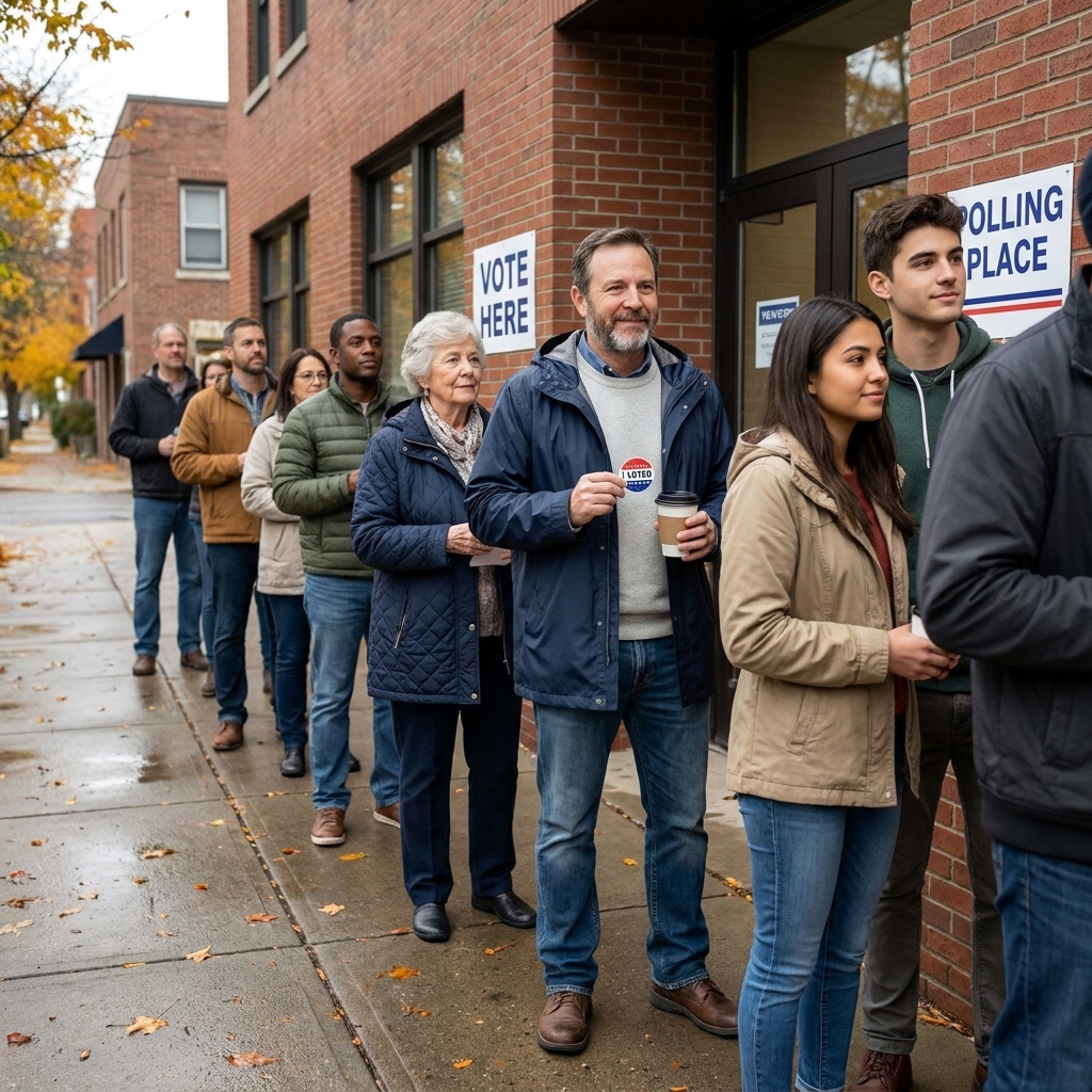 A line of voters waiting outside a local polling place on election day, standing on a sidewalk near the entrance.