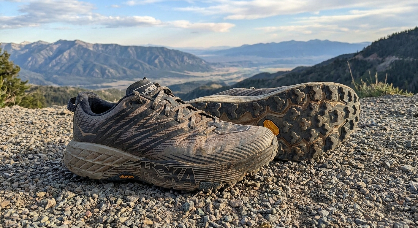 A pair of HOKA Speedgoat trail running shoes on a gravel overlook, showing thick cushioning and a lugged outsole