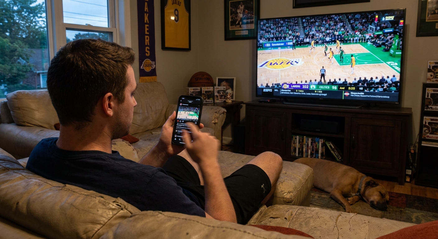 A person holding a phone while scrolling a sports social media feed while a game plays on a television