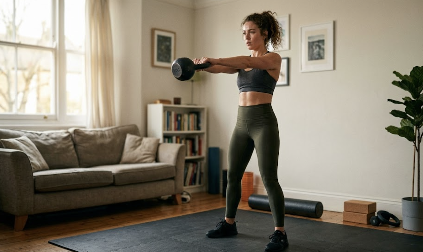 A person performing a two-handed kettlebell swing on a yoga mat in a living room with a couch pushed back for space
