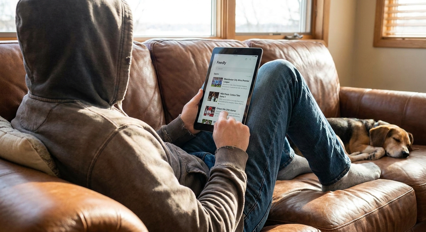 A person scrolling an RSS reader showing sports headlines on a tablet while sitting on a couch