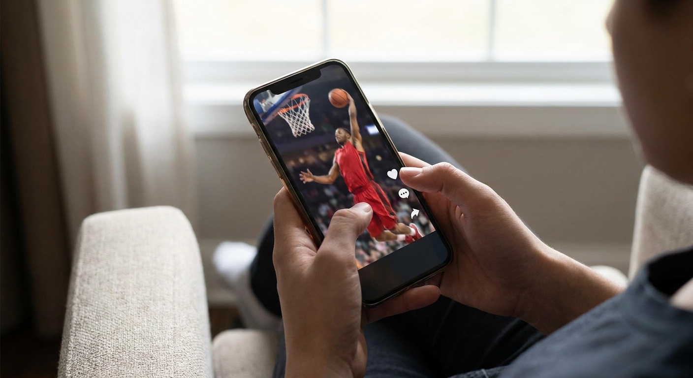 A person scrolling through a short-form video feed on a smartphone showing a basketball dunk clip mid-play