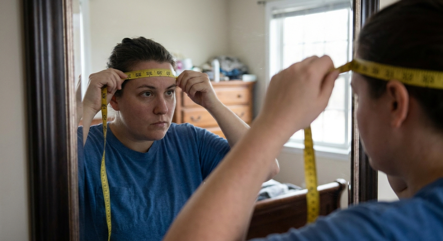 A person using a soft measuring tape around their head just above the eyebrows to find helmet size, indoors with a mirror