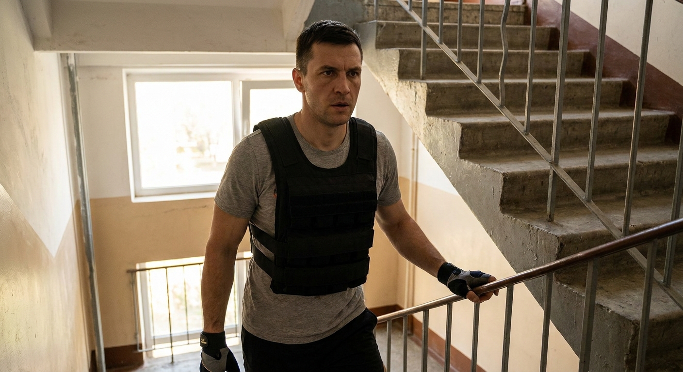 A person wearing a black weighted vest walking up apartment stairs with a focused expression, hands lightly on the rail