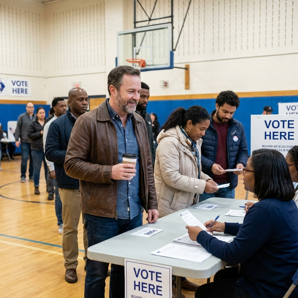 A polling place scene in New York City on election day with voters waiting in line while an election worker checks in a voter