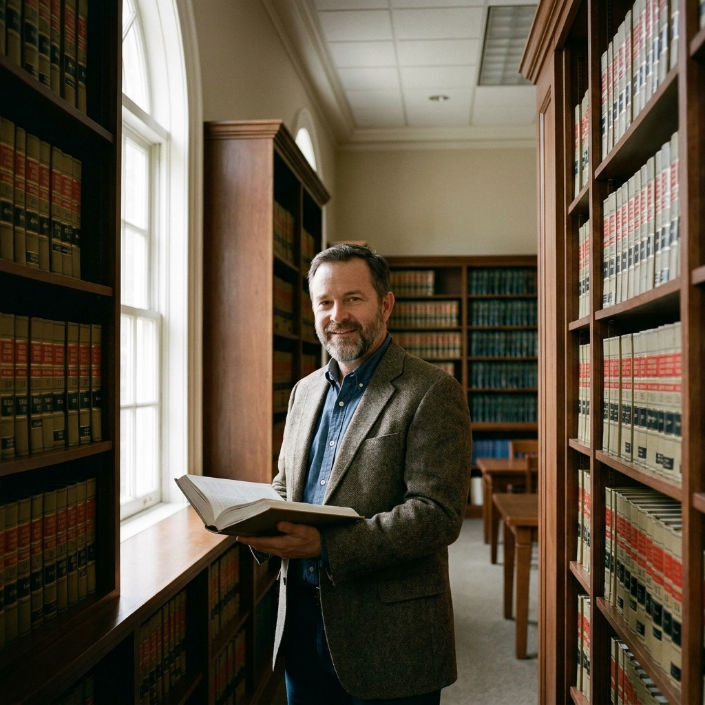 A quiet law library with tall shelves of legal volumes and soft light coming in from windows.