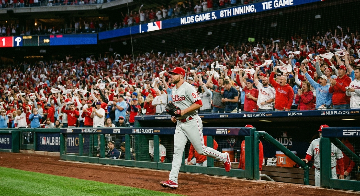 A relief pitcher jogging in from the bullpen during an MLB playoff game while the crowd roars