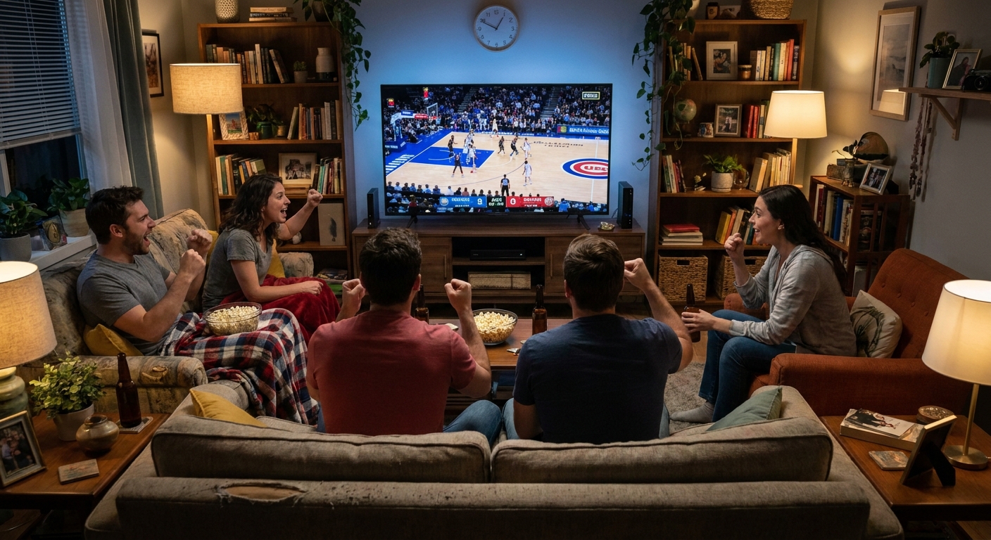 A small group of friends watching a close basketball game on a television in a cozy living room