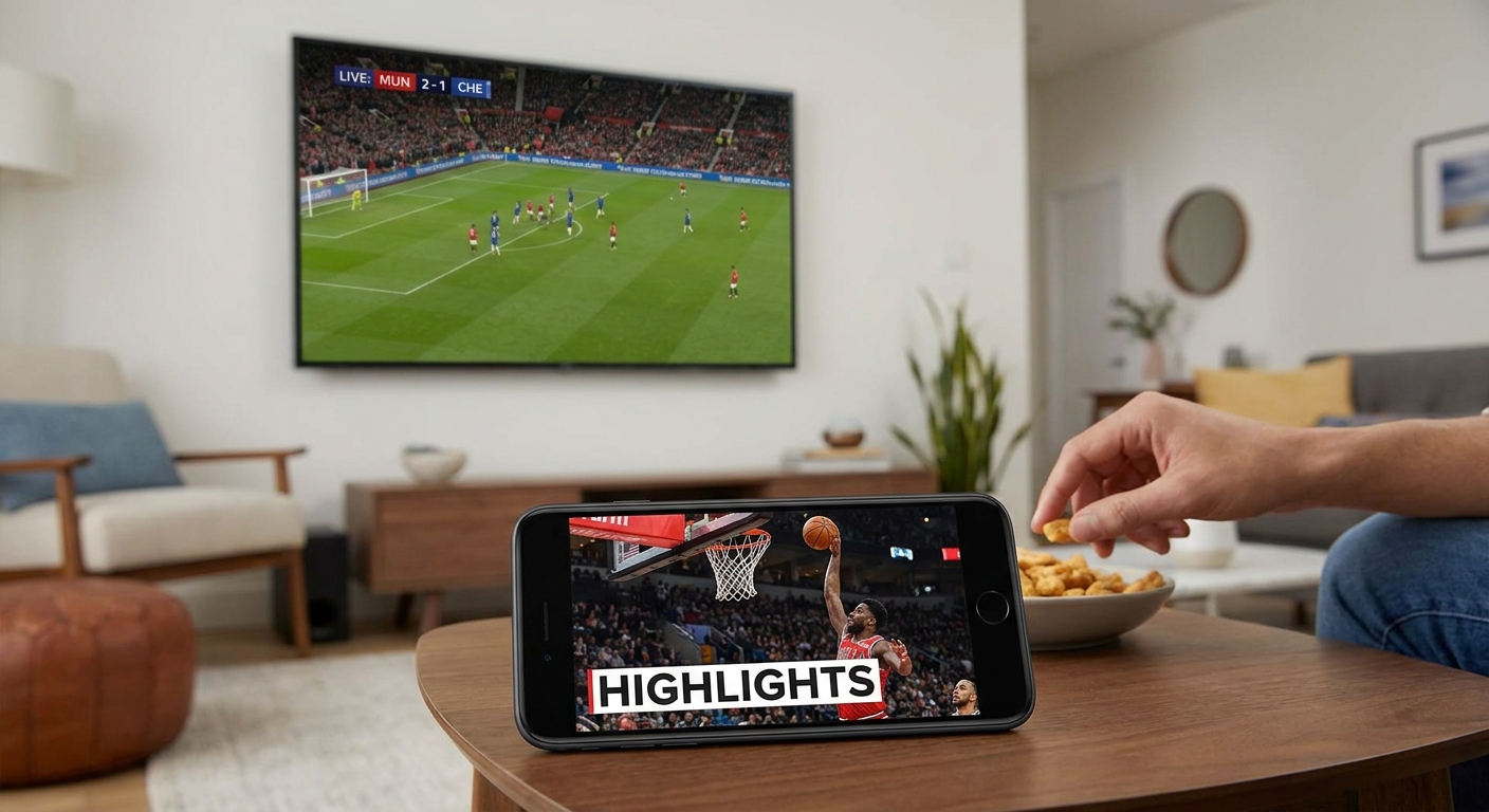 A smartphone playing a sports highlight video while a TV in the room shows a different live game