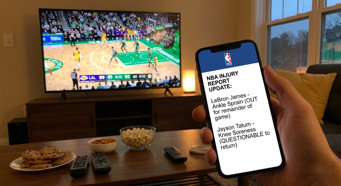 A smartphone showing a basketball injury report update while a game plays on a television