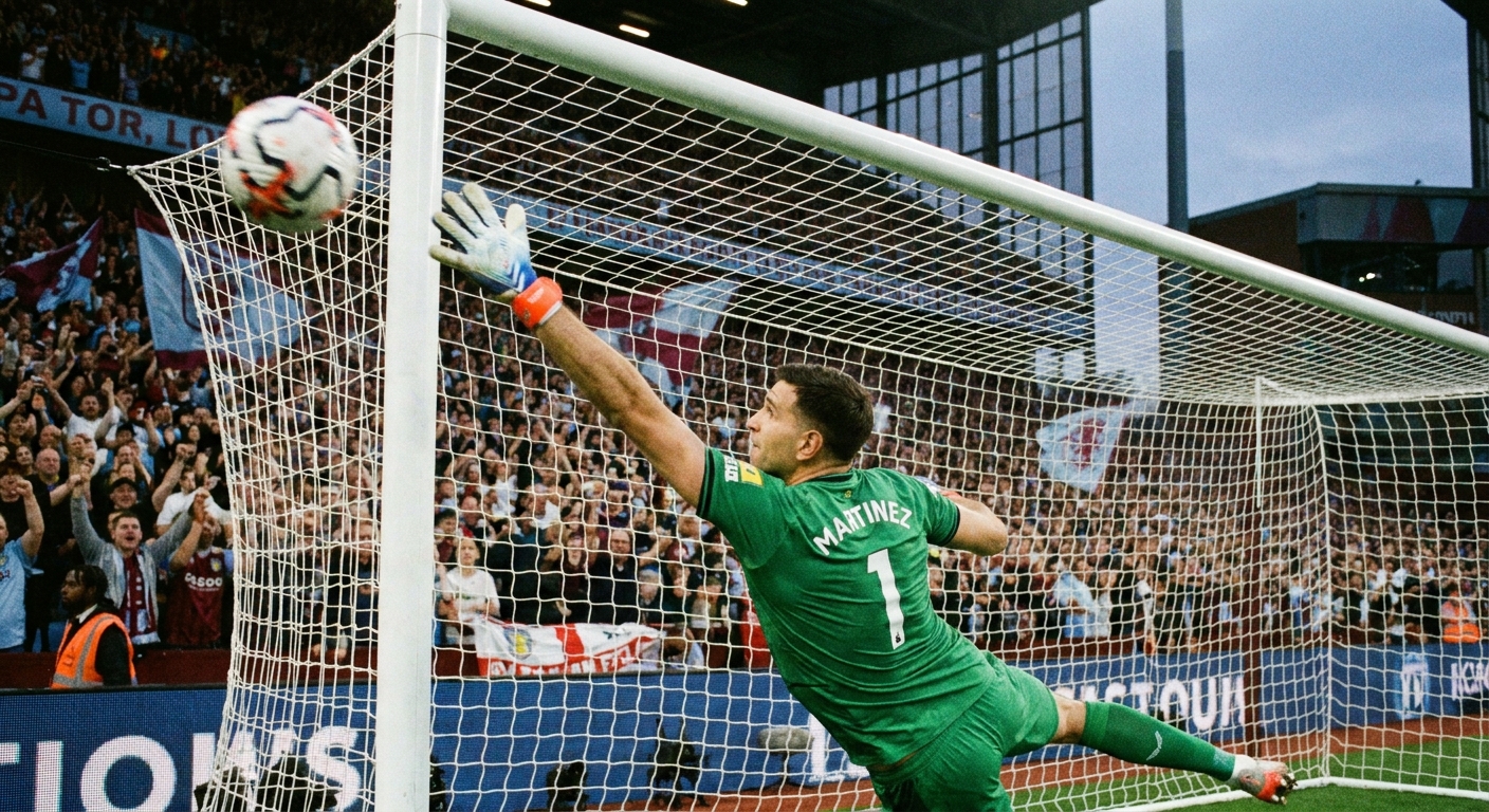 A soccer goalkeeper fully extended in a dive reaching toward a fast shot headed for the top corner, with net and crowd behind