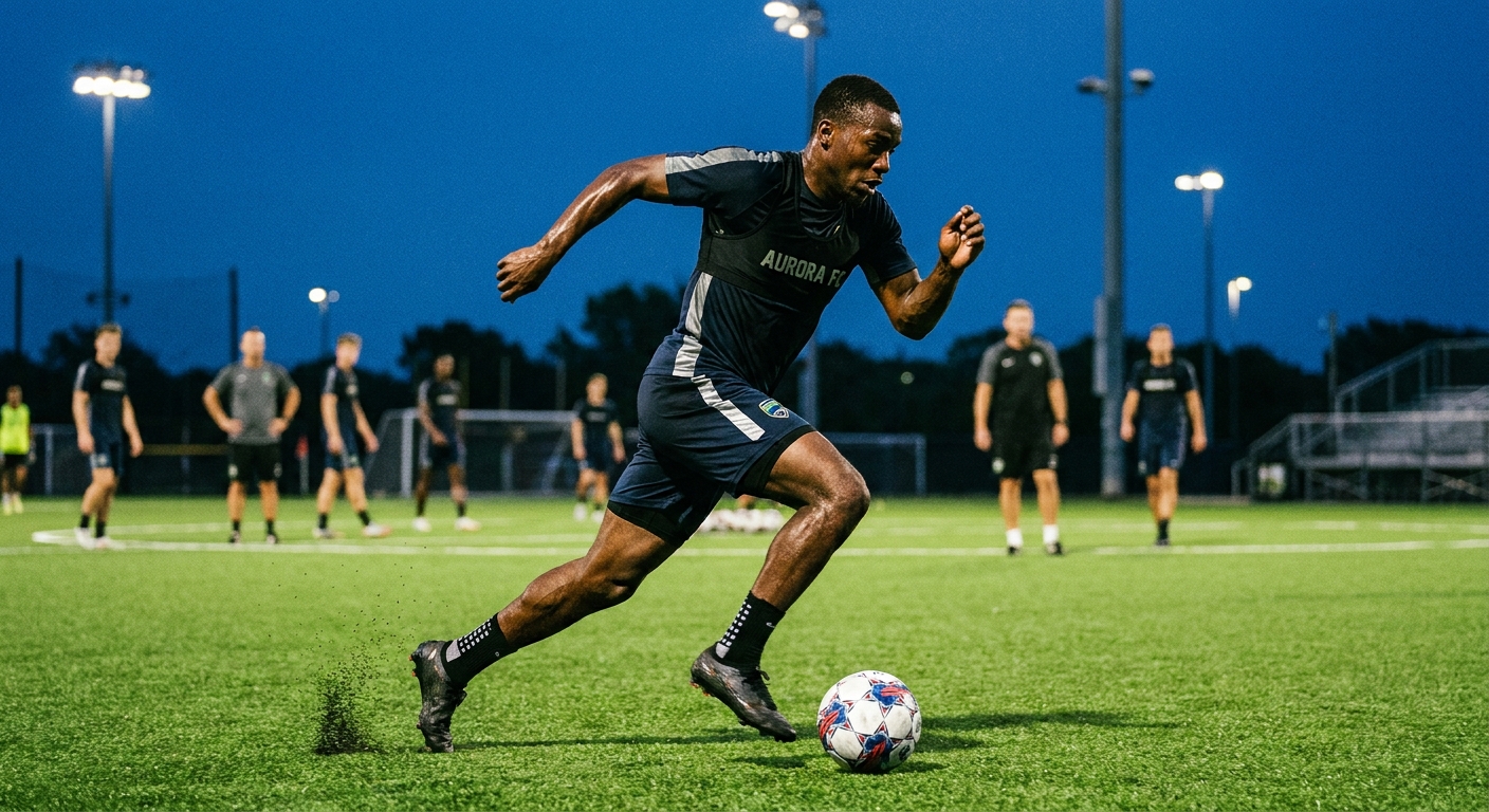 A soccer player dribbling at speed on an artificial turf field during evening training under stadium lights