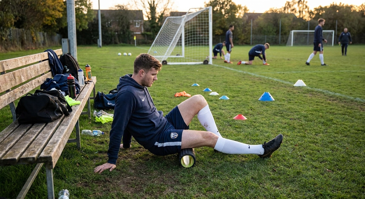 A soccer player in training gear foam rolling the quadriceps on the grass near a team bench after practice, with cones and a goal on the field