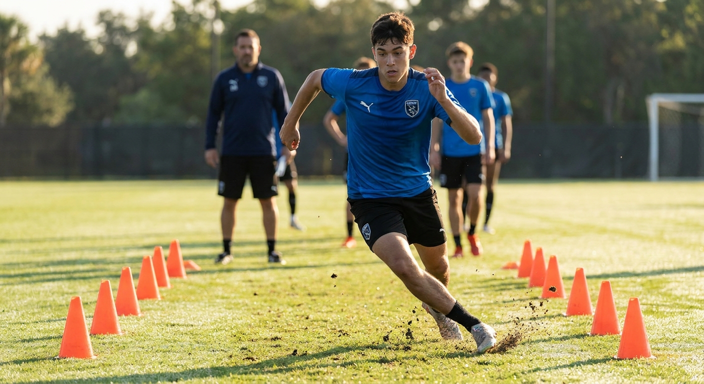 A soccer player sprinting on a grass field during interval training, with cones set up for repeated runs