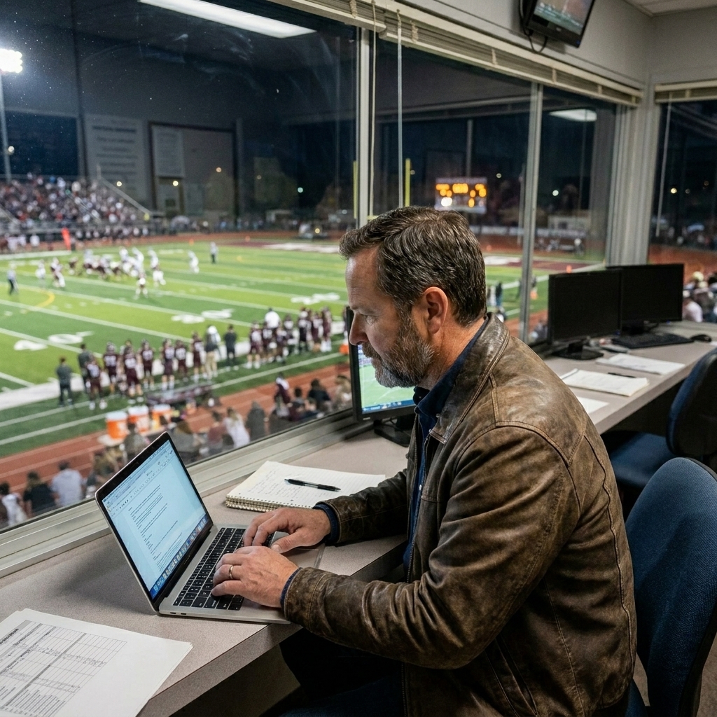 A sports journalist types notes on a laptop in a stadium press box during a night game, with field lights visible through the window.