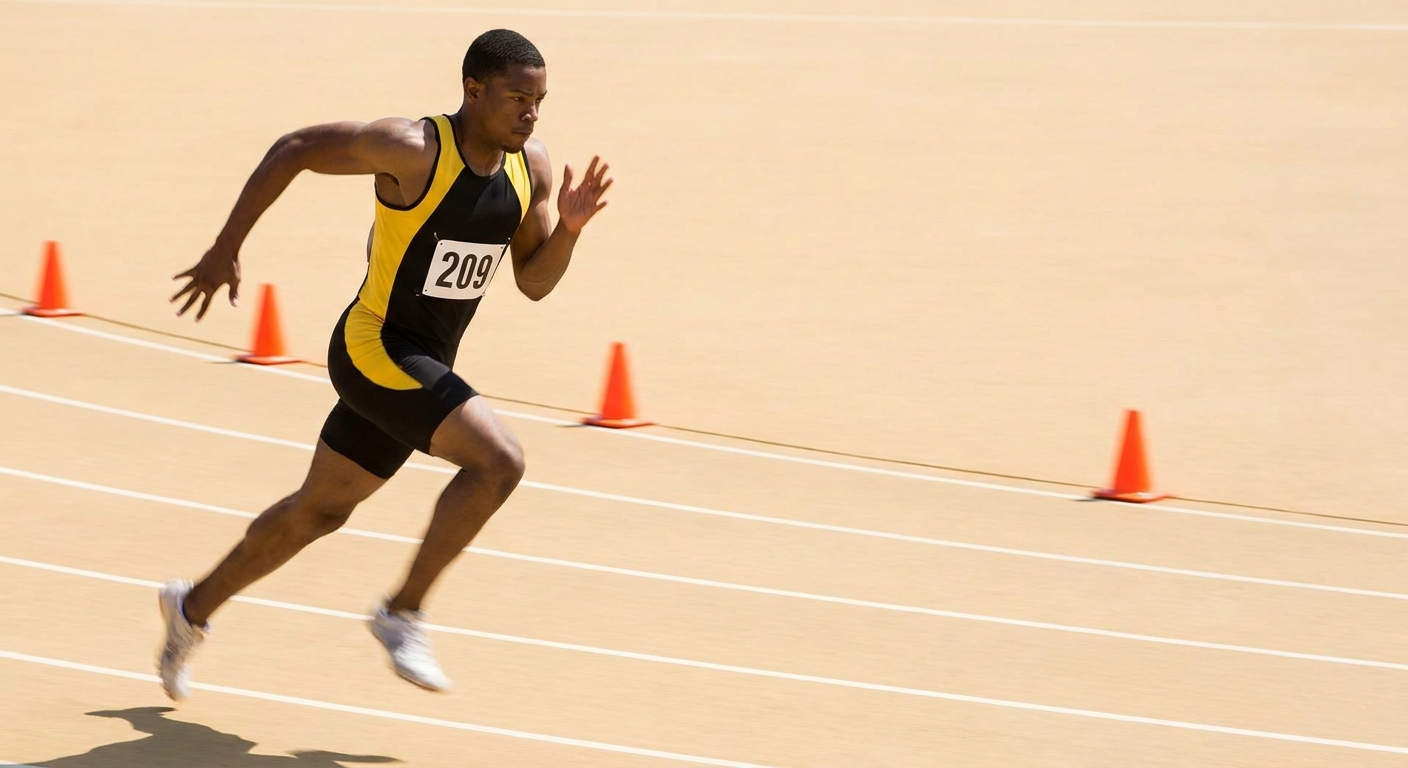 A sprinter running a fly sprint on a track straightaway with cones marking a fly zone, showing relaxed shoulders and fast cadence