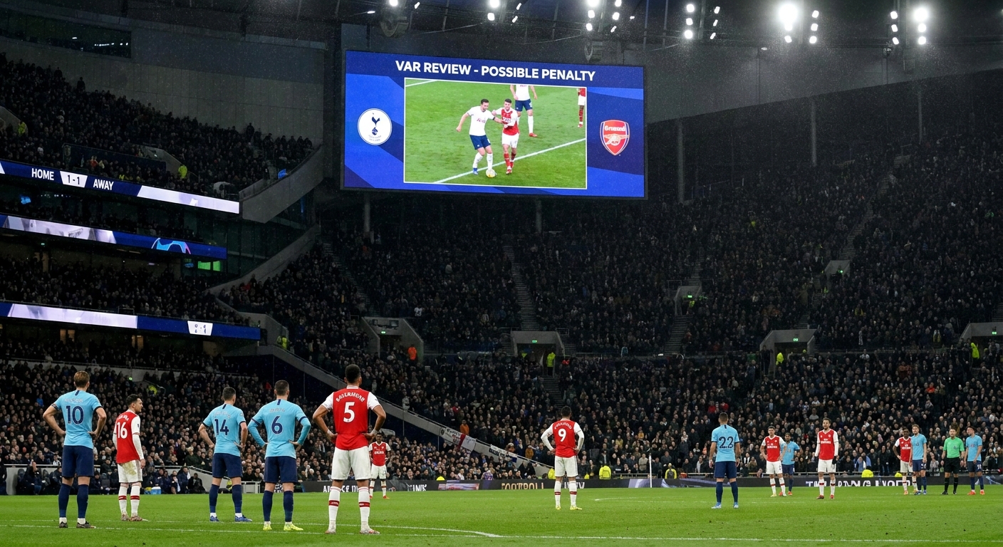 A stadium big screen showing a VAR review moment during a top-flight soccer match while players wait near the penalty area