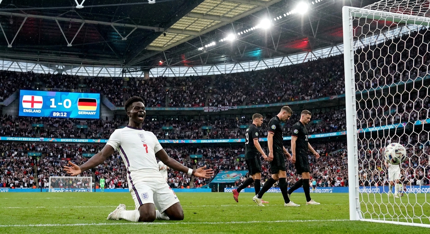 A striker celebrating after finishing a through ball chance in a major international soccer match, with defenders turning back toward their goal