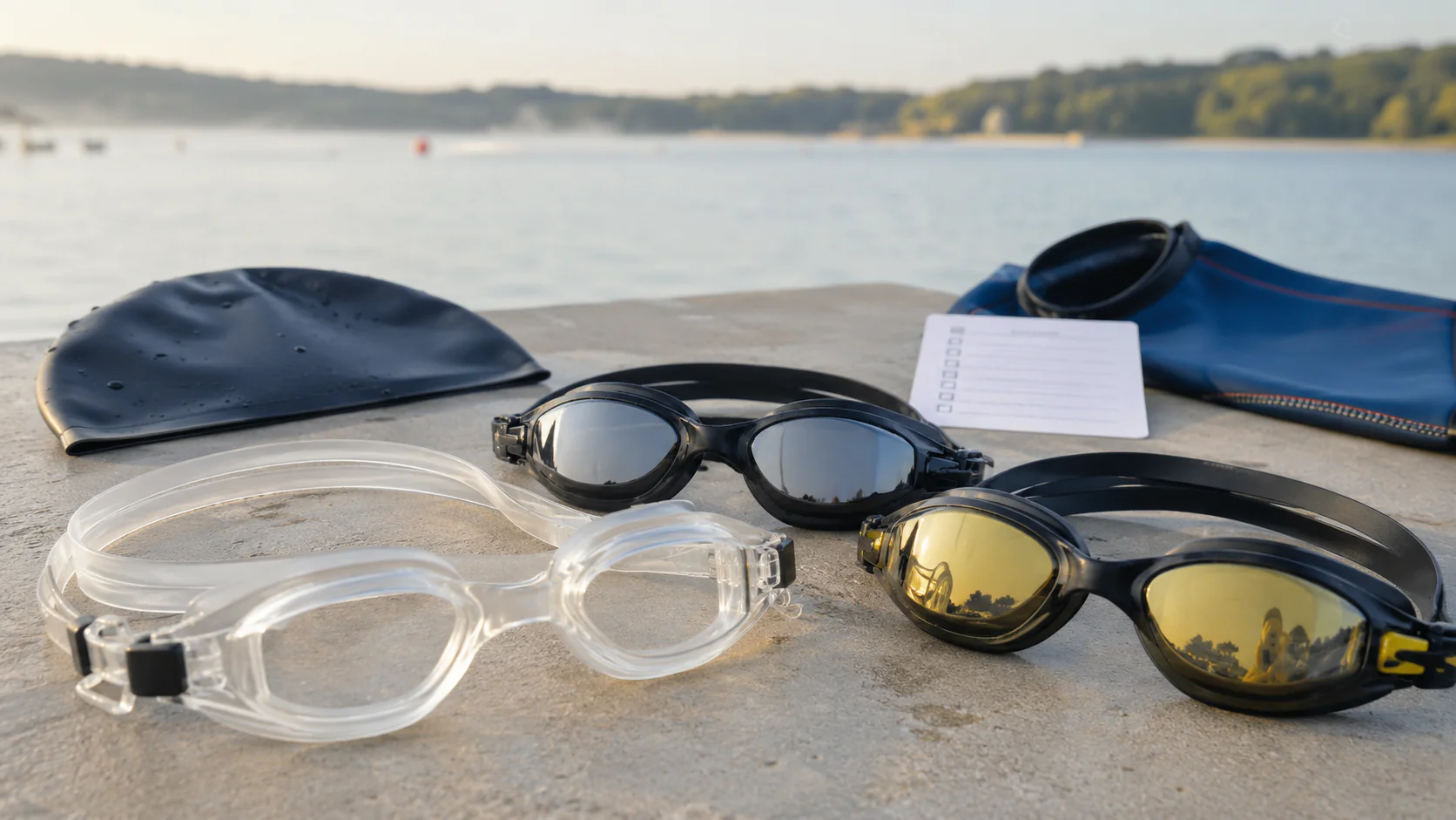 A triathlete wearing snug swim goggles while standing at the edge of a lake before an open-water swim start