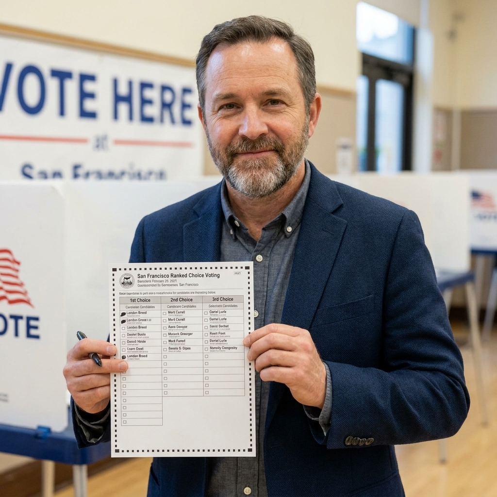 A voter holds a ranked-choice voting ballot in San Francisco, with multiple candidates listed and ranking columns visible