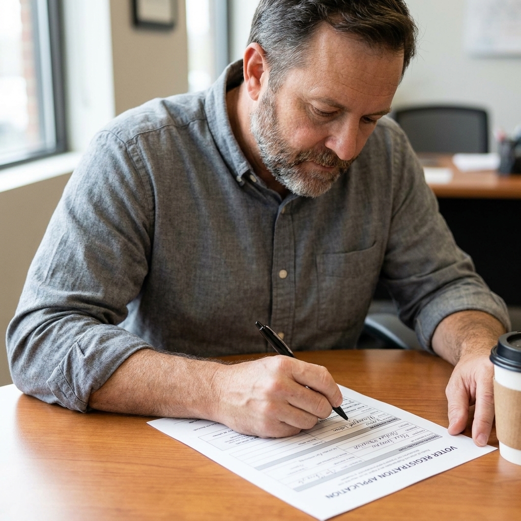 A voter registration form on a table as a person fills it out with a pen; no personal information is readable.