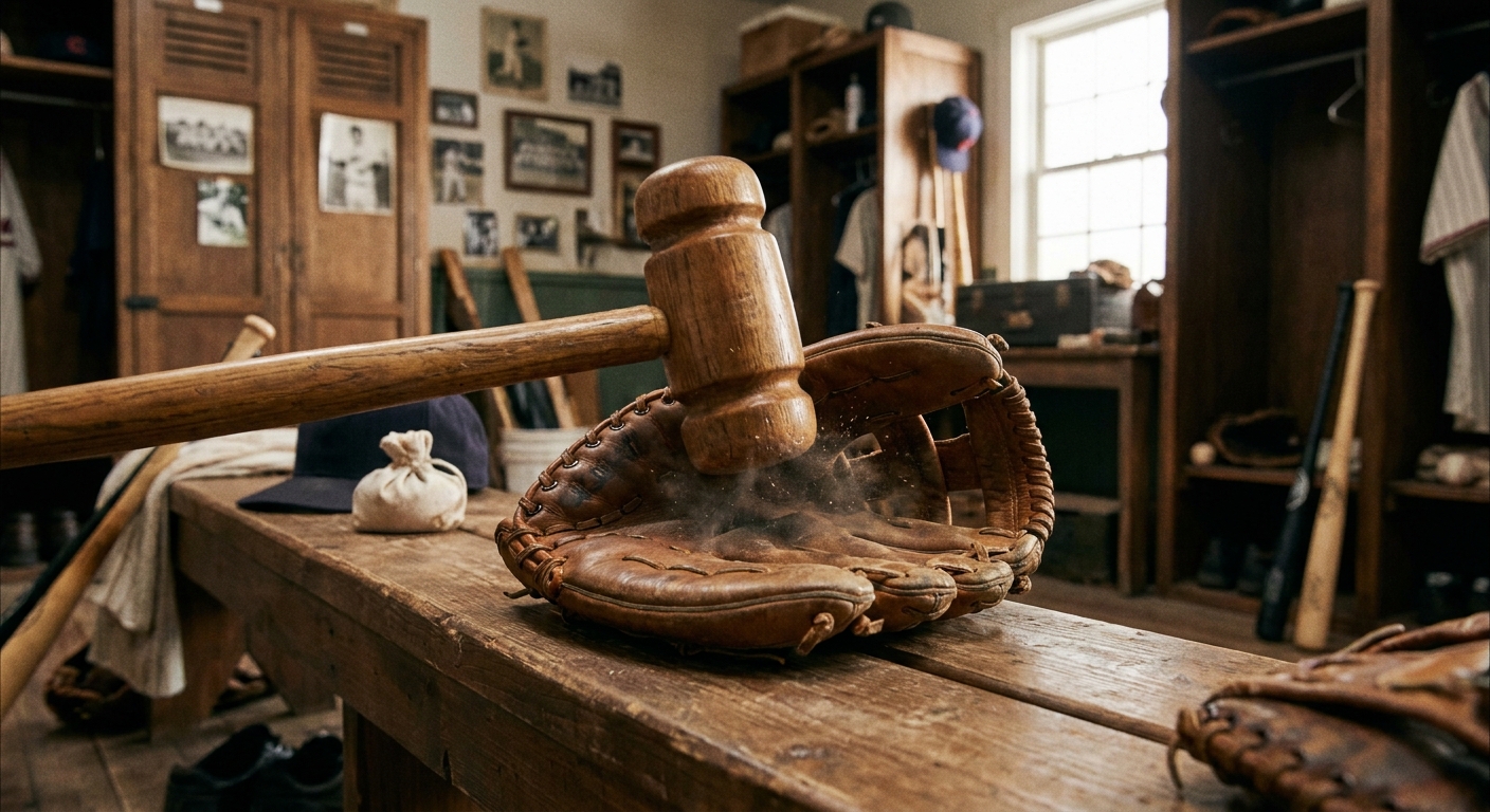A wooden glove mallet striking the pocket of a leather baseball glove on a clubhouse bench