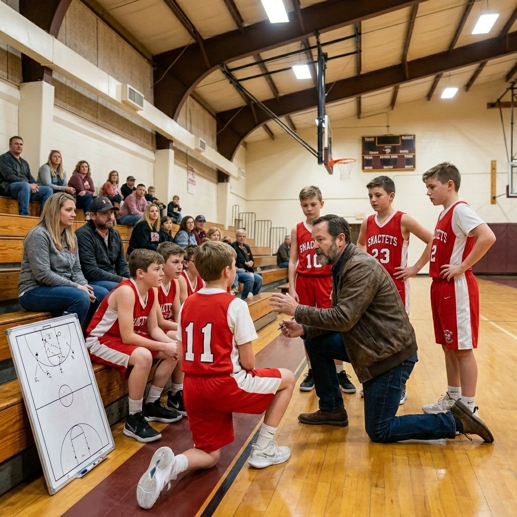 A youth basketball coach kneels during a timeout, speaking to players in a community gym while parents watch from the bleachers.