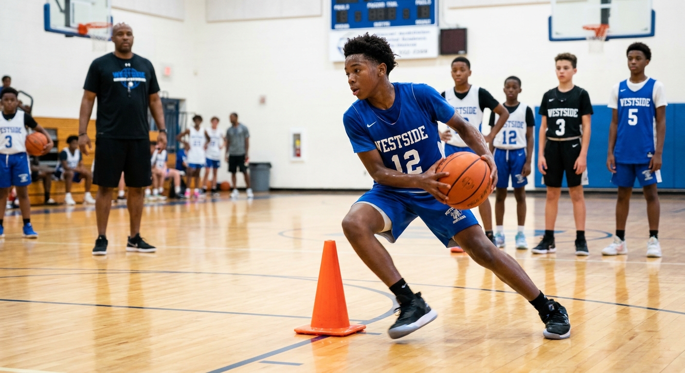 A youth basketball player performing a sharp change of direction around a cone on an indoor court, knees bent and hips loaded during the cut