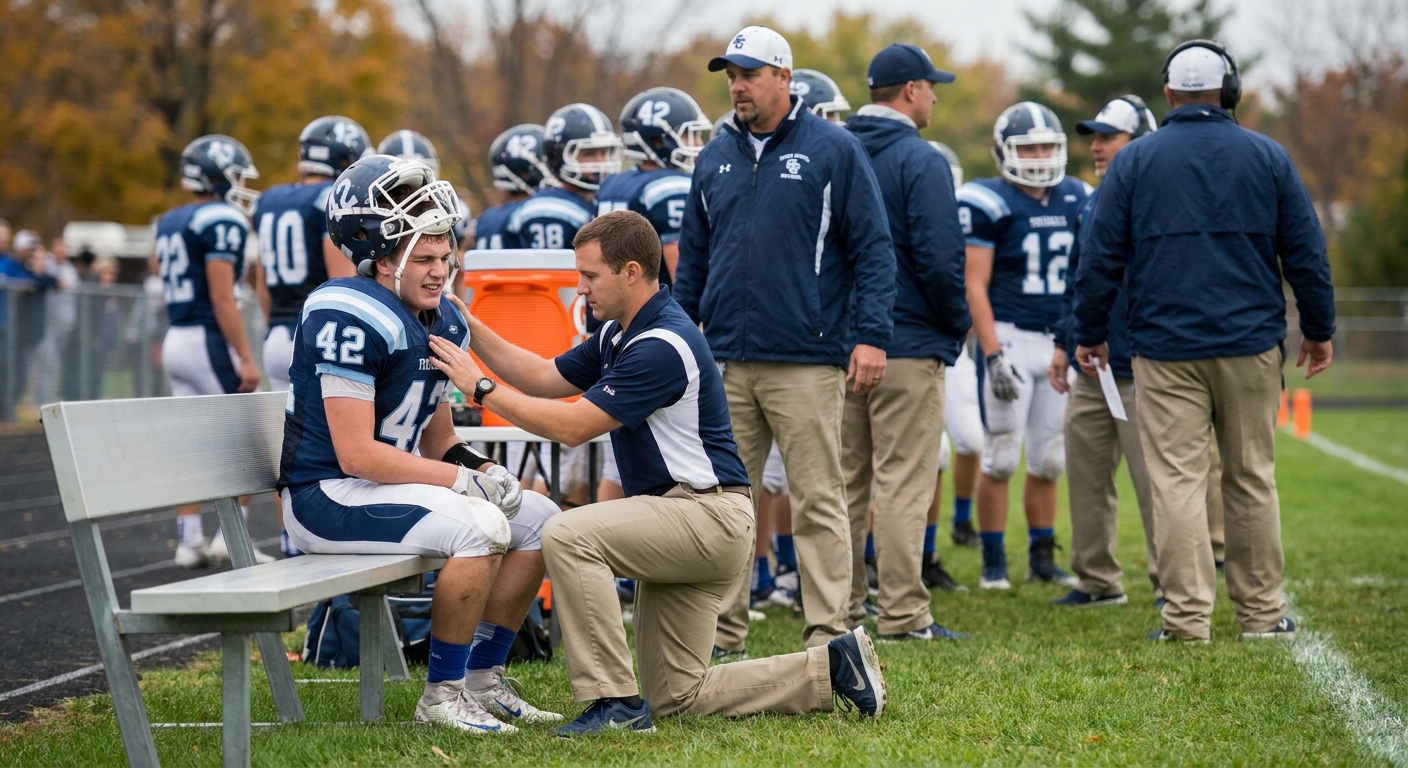 A youth football player on the sideline while an athletic trainer kneels nearby to check in after a hit, with coaches and teammates in the background