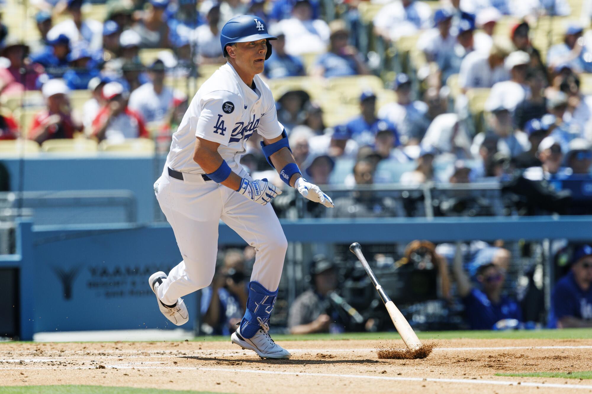 Alex Call in a Los Angeles Dodgers uniform standing in the batter's box during a game, looking toward the infield as he prepares for a pitch, stadium lights visible