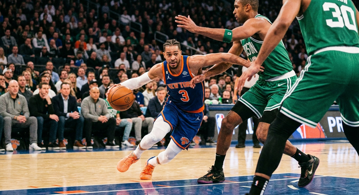 An NBA action moment near the three-point line as a ball handler probes the defense and multiple defenders shift into position.